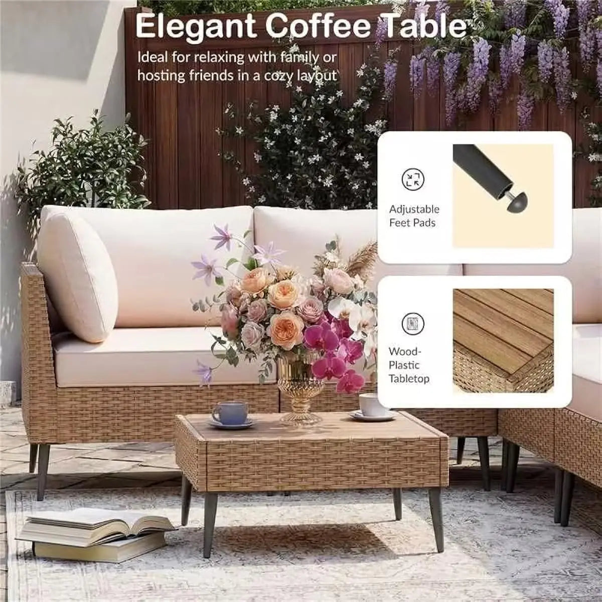 Outdoor sectional rattan sofa set with coffee table and cushions for garden poolside or terrace use weatherproof PE wicker powde