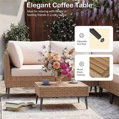 Outdoor sectional rattan sofa set with coffee table and cushions for garden poolside or terrace use weatherproof PE wicker powde