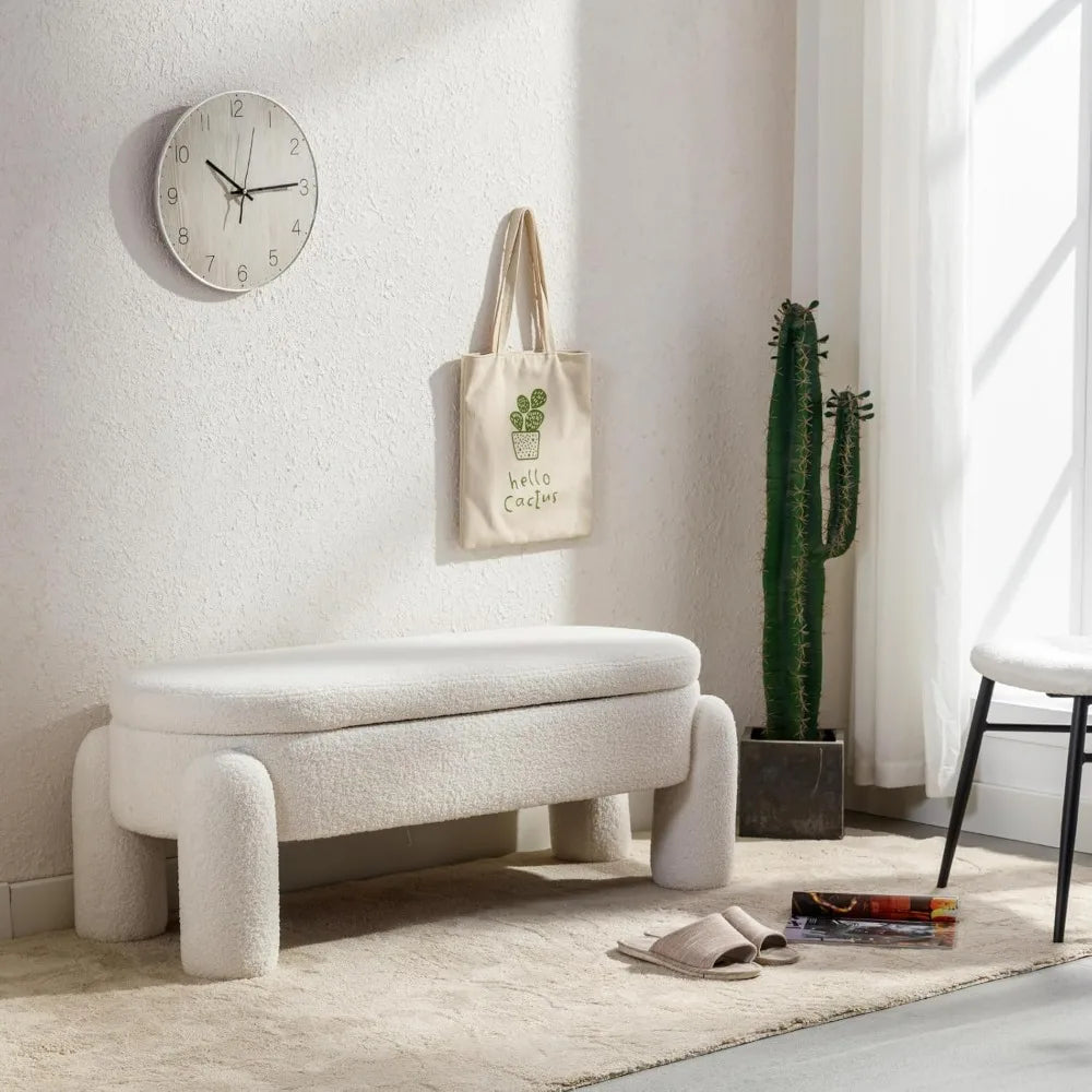 Modern Storage Bench, 44.7 Inch Upholstered Ottoman Bench Sherpa Fabric End of Bed Stool, Cute Entryway Bench for Bedroom Living