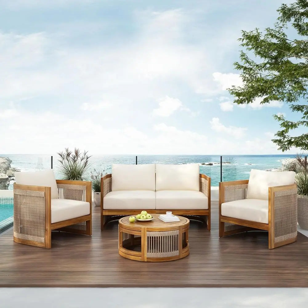 4-Piece Patio Contion Set, All Weather Sectional Soa Set w/ 2 Chairs, Loveseat &amp; Table Premium, Acacia Wood Outdoor urniture Set