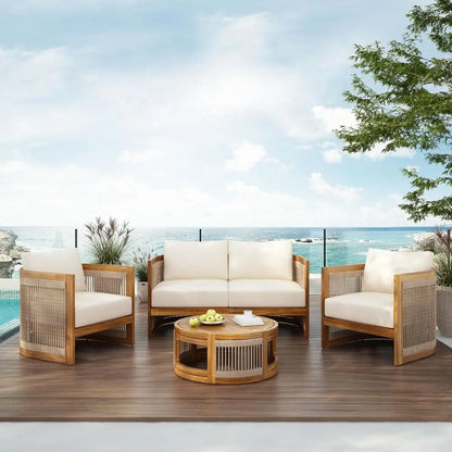 4-Piece Patio Contion Set, All Weather Sectional Soa Set w/ 2 Chairs, Loveseat &amp; Table Premium, Acacia Wood Outdoor urniture Set