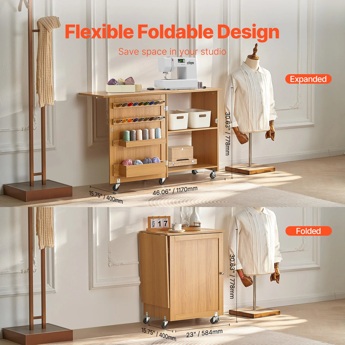 SucceBuy Folding Sewing Machine Table with Wheels and Storage Shelves