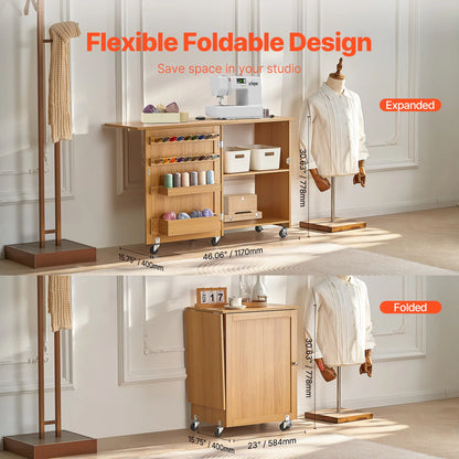 SucceBuy Folding Sewing Machine Table with Wheels and Storage Shelves