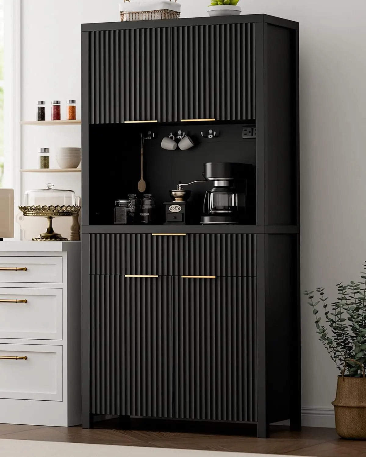 ZHUXIANG Fluted Pantry Cabinet With Charging Station And Adjustable Shelves