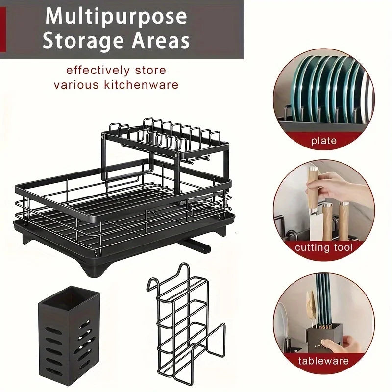 2-Tier Expandable Dish Drying Rack, Metal Kitchen Dish Rack and Drainboard Set with Knife Fork Holder &amp; Cutting Board Organizer for Countertop