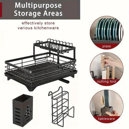 2-Tier Expandable Dish Drying Rack, Metal Kitchen Dish Rack and Drainboard Set with Knife Fork Holder &amp; Cutting Board Organizer for Countertop