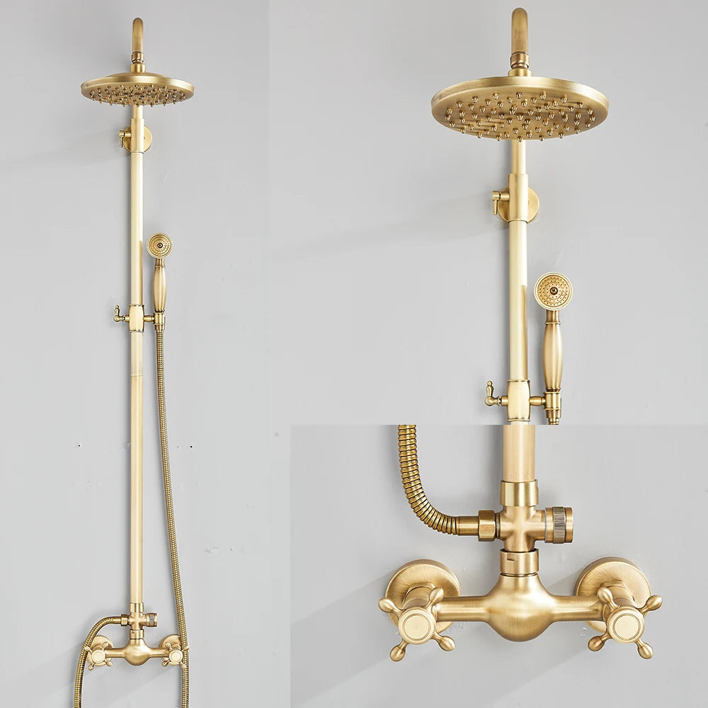 Antique Brass Shower Faucets Set Wall Mount Retro Shower Kit Dual Knobs Mixer Tap Handheld Spray Bathtub Kit
