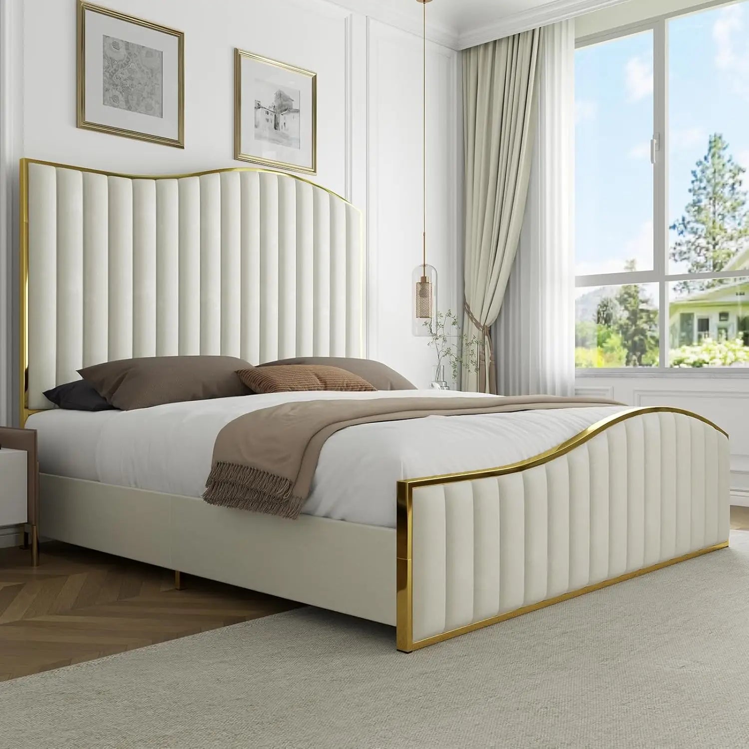 Queen Upholstered Platform Bed Tall 61.4" Headboard Gold Trim Wood Slats No Box Spring Cream, Customized