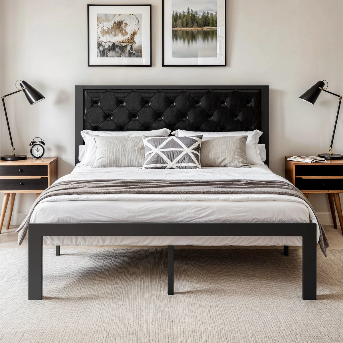 HOOMIC Metal Bed Frame Upholstered Headboard No Box Spring Needed