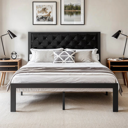 HOOMIC Metal Bed Frame Upholstered Headboard No Box Spring Needed
