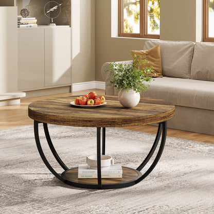 Tribesigns Industrial Round Coffee Table With Two Tier Storage Shelves