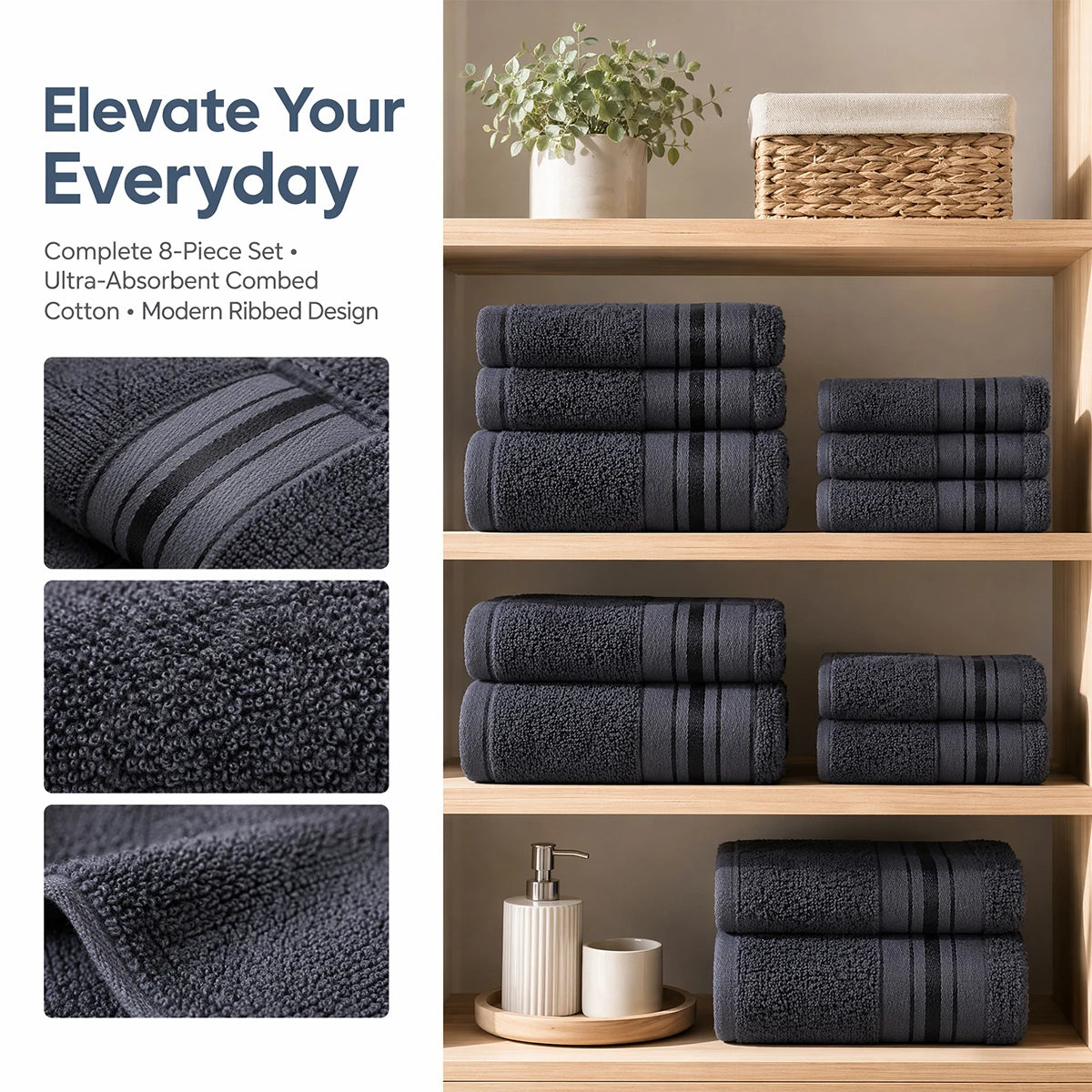 8 Piece Luxury Towel Set – Majestic Plush, Super Absorbent &amp; Quicker-to-Dry, Thick 100% Ring Spun Cotton Towels for Bathroom, Spa &amp; Hotel – 2 Bath, 2 Hand, 4 Washcloths
