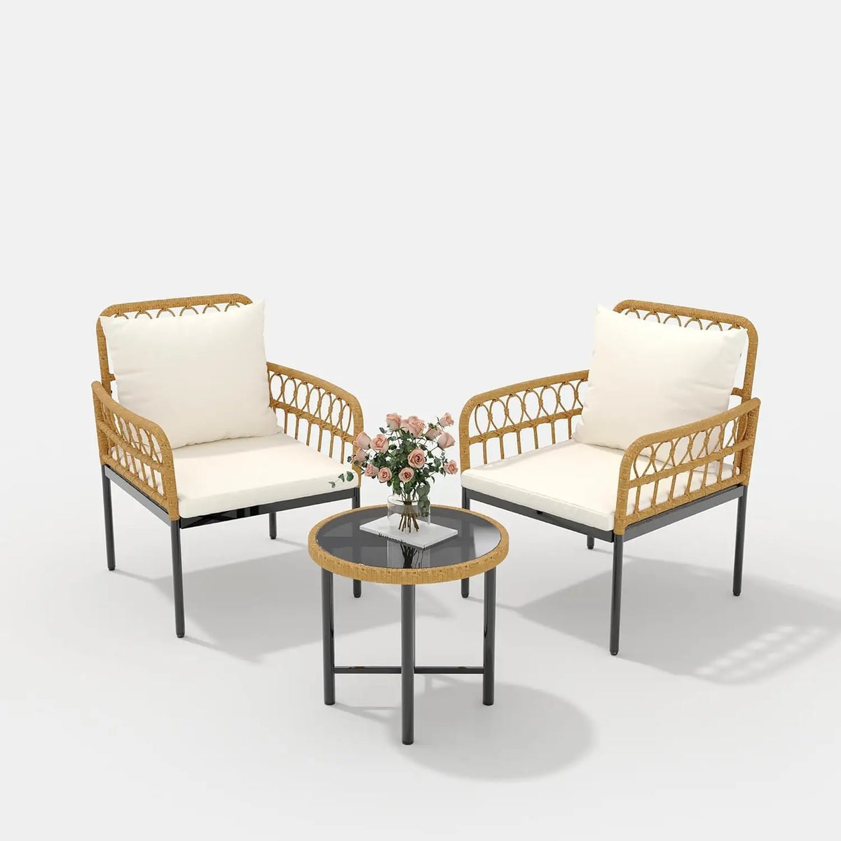 3-Piece All-Weather Boho Wicker Rattan Patio Furniture Set with Sectional Sofa, Metal Frame, and Detachable Cushions - Ideal for Patio, Balcony, Backyard, Deck, and Poolside in Beige