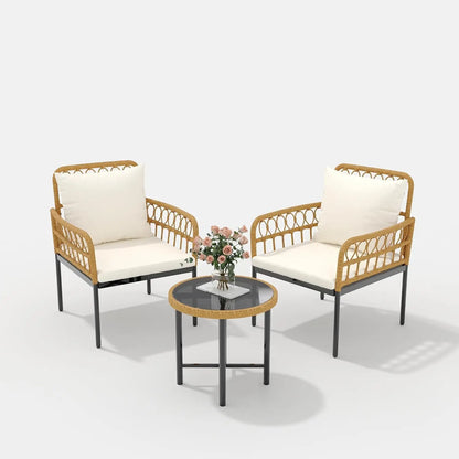 3-Piece All-Weather Boho Wicker Rattan Patio Furniture Set with Sectional Sofa, Metal Frame, and Detachable Cushions - Ideal for Patio, Balcony, Backyard, Deck, and Poolside in Beige