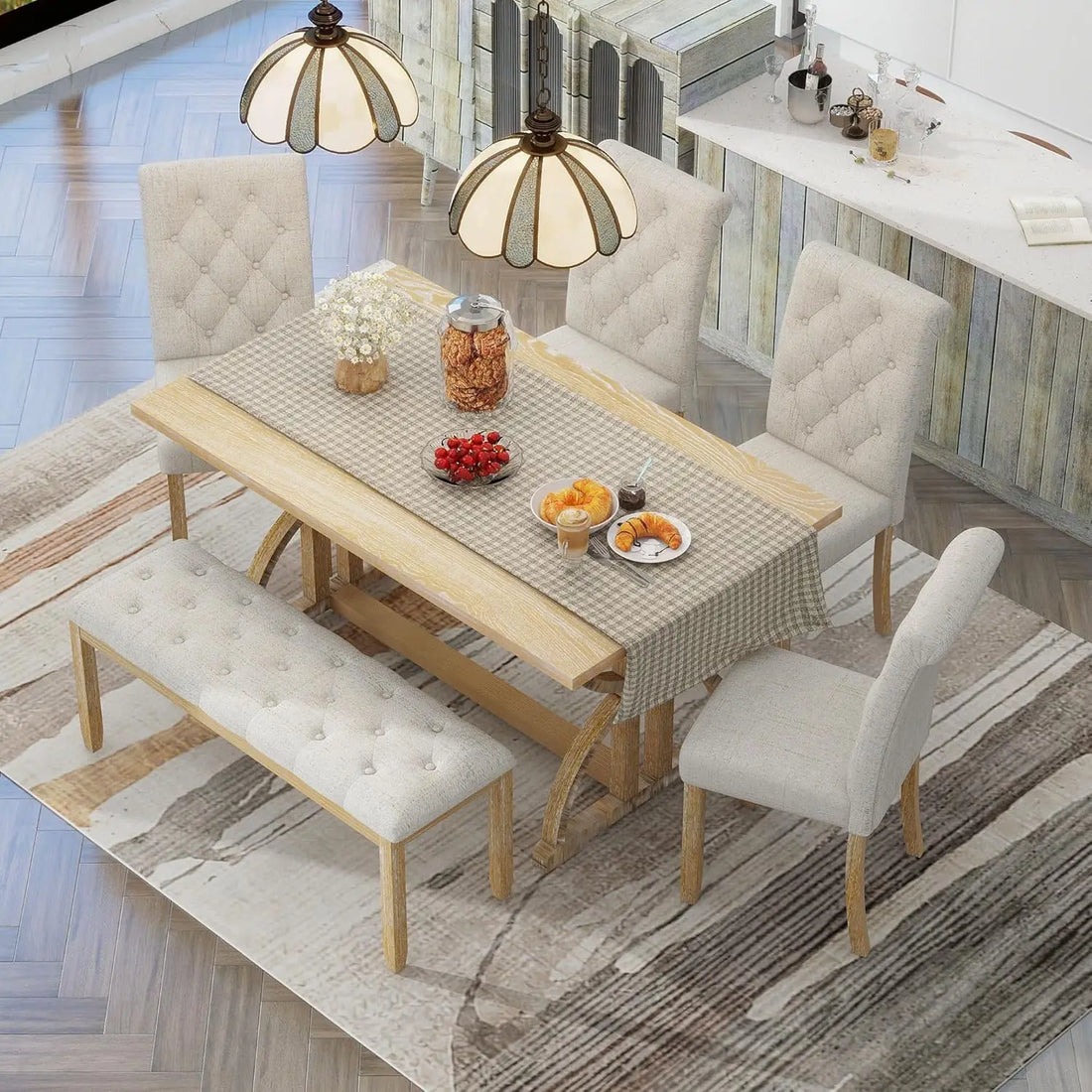 Solid Wood Kitchen Dining Room Table Set with Bench and Chairs for 6 Persons, Dining Table Set with with, Customized