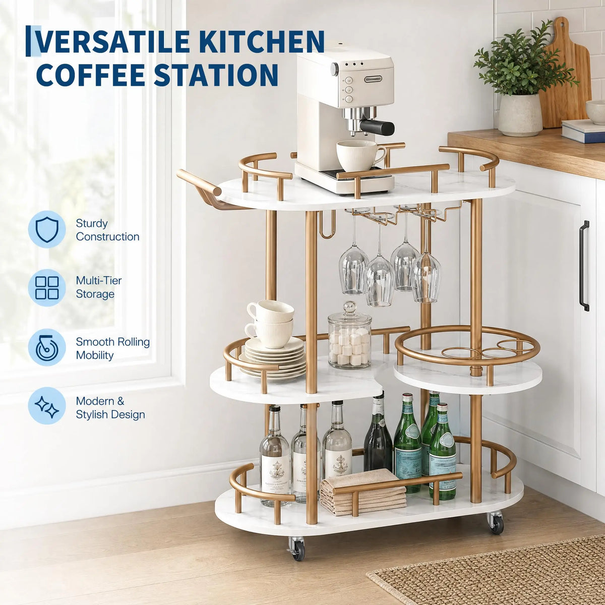 3 Tier Rolling Bar Cart With Wine Rack &amp; Glass Holder, Metal Kitchen Coffee Cart On Wheels, Mobile Serving Cart For Dining Room