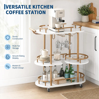 3 Tier Rolling Bar Cart With Wine Rack &amp; Glass Holder, Metal Kitchen Coffee Cart On Wheels, Mobile Serving Cart For Dining Room