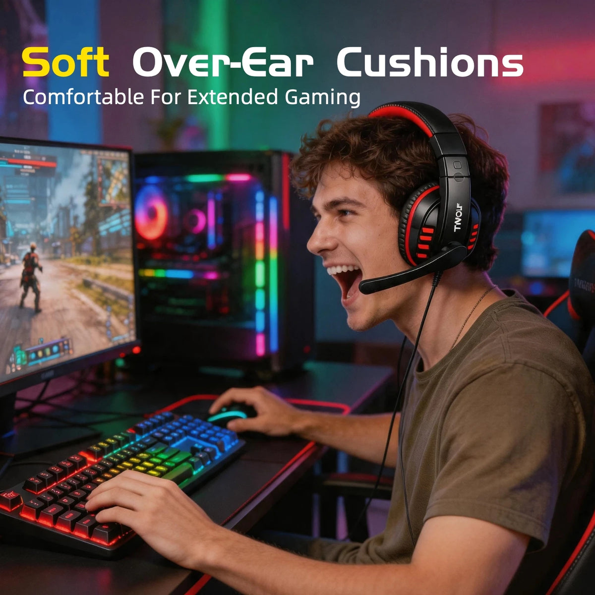 T-WOLF RGB Gaming Keyboard Mouse Headset Mousepad Combo LED Backlit