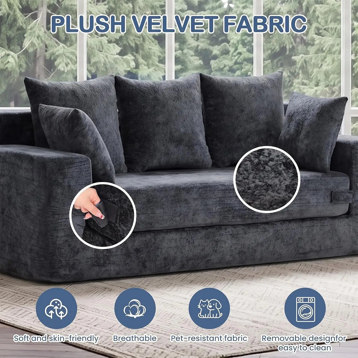 SUXI Boneless Sofa Bed With Storage Pocket Plush Velvet Couch