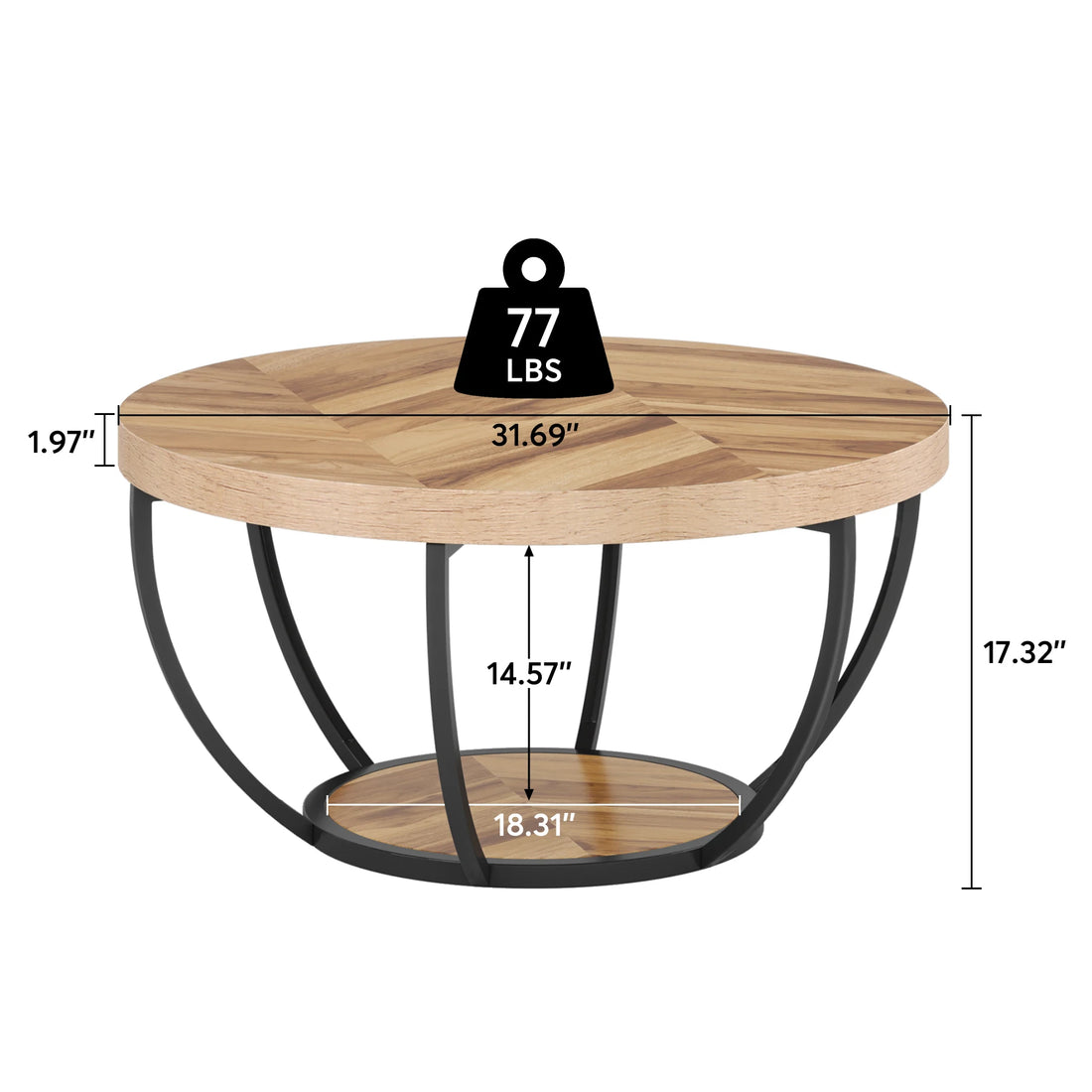 Tribesigns Industrial Round Coffee Table With Two Tier Storage Shelves