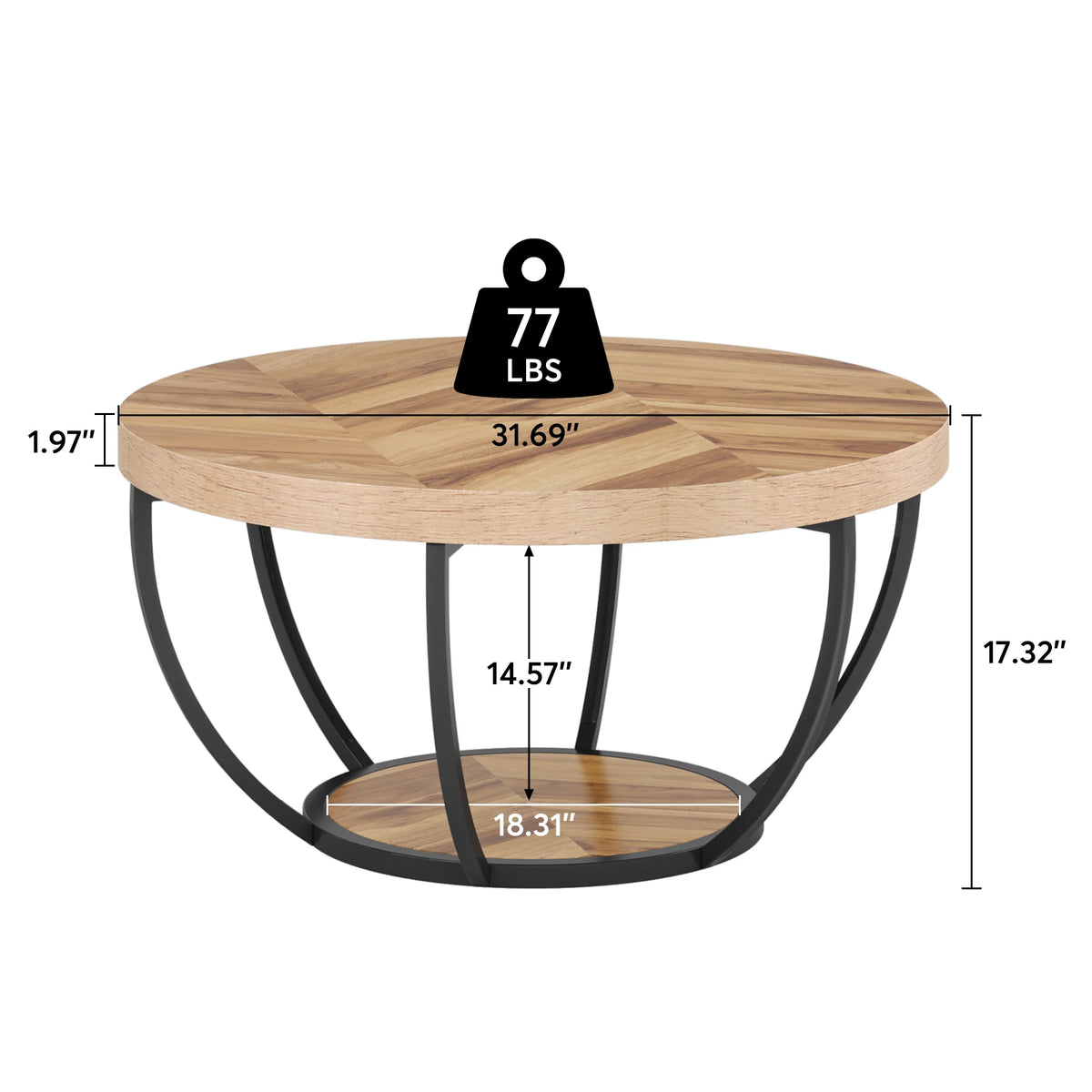 Tribesigns Industrial Round Coffee Table With Two Tier Storage Shelves
