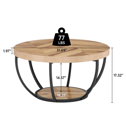 Tribesigns Industrial Round Coffee Table With Two Tier Storage Shelves