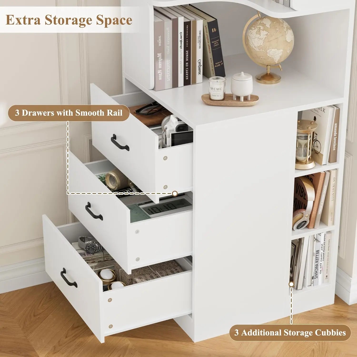 L-Shaped Corner Bookshelf with Drawers and Cubbies, 4-Tier Tall Bookcase for Living Room or Office, White