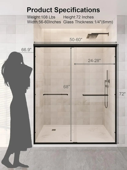 Glass Shower Door, 54”-60" W x 72" H Sliding Shower Door, Aluminum Semi-Frameless &amp; 1/4"(6mm) Clear Tempered with Explosion-Proo