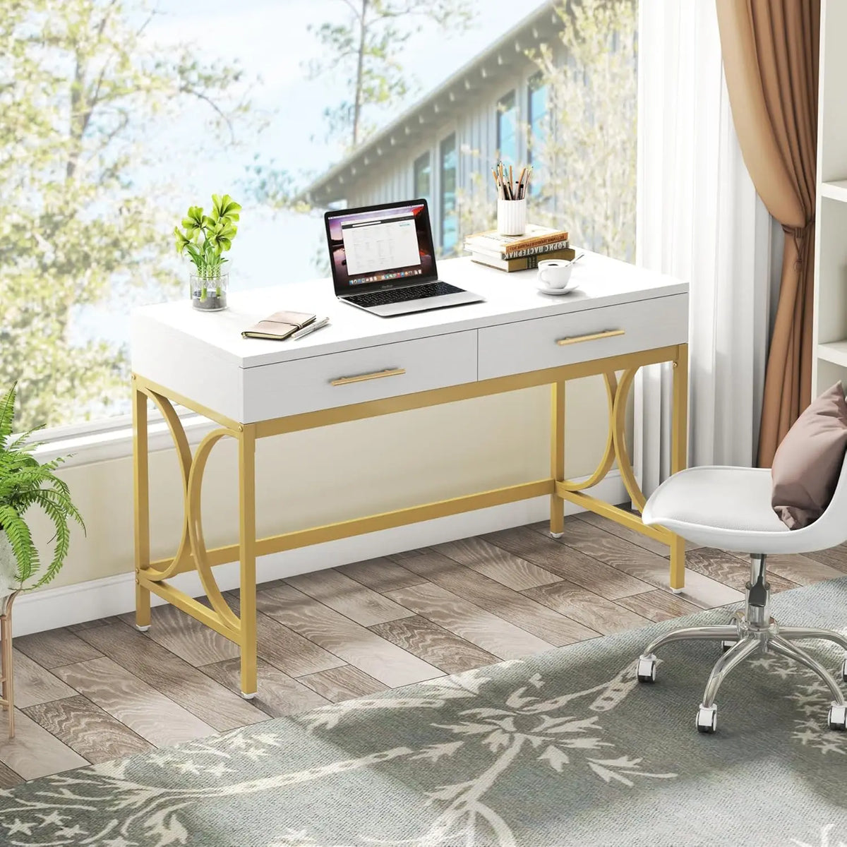 Modern Computer Desk with 2 Drawers Set of 2, 41 Inches Study Writing Office Desk for Home Office, Bedroom, Makeup, Customized
