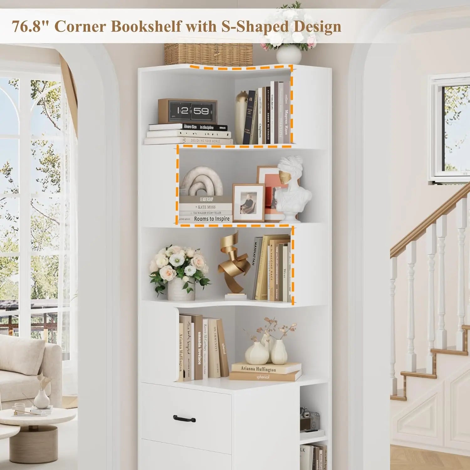 L-Shaped Corner Bookshelf with Drawers and Cubbies, 4-Tier Tall Bookcase for Living Room or Office, White