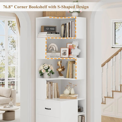 L-Shaped Corner Bookshelf with Drawers and Cubbies, 4-Tier Tall Bookcase for Living Room or Office, White