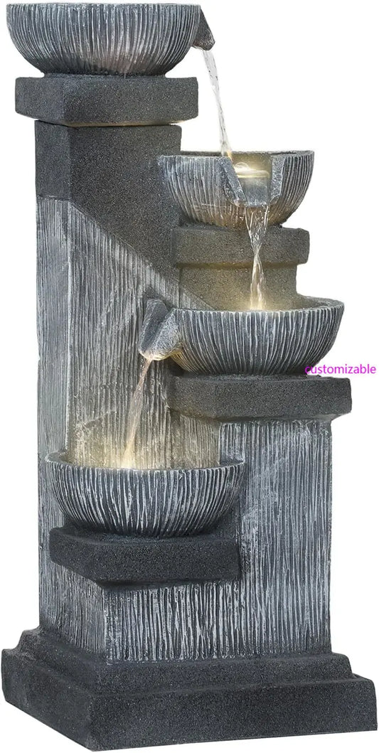 Outsunny Outdoor 4 Tier Resin Waterfall Fountain With LED Lights