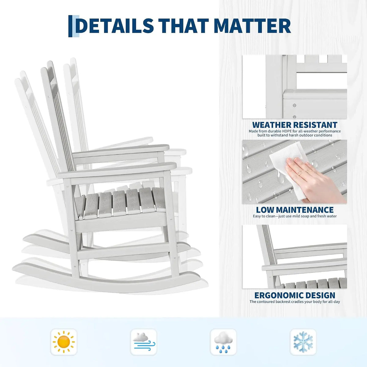 Outdoor Rocking Chairs Set of 2 with Side Table – HDPE High Back Patio Rocker, All-Weather Porch &amp; Garden Furniture