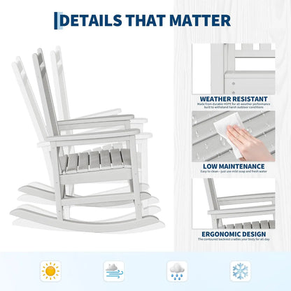 Outdoor Rocking Chairs Set of 2 with Side Table – HDPE High Back Patio Rocker, All-Weather Porch &amp; Garden Furniture
