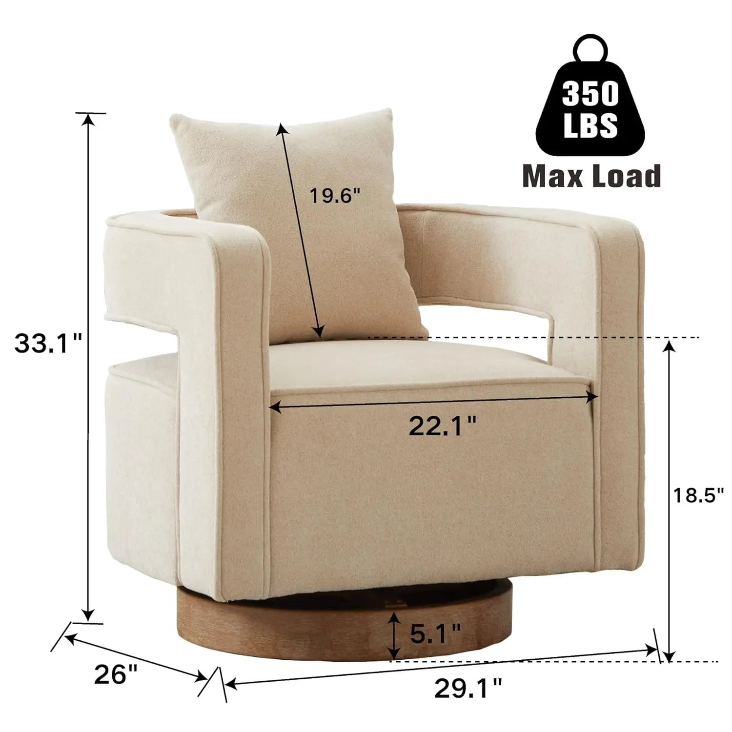 Upholstered Swivel Accent Chair Set of 2 Linen Open Back Barrel Chair with Pillow for Living Room, Beige