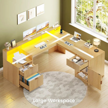 66" Modern L-Shaped Office Desk with Drawers, File Cabinet, Monitor Stand &amp; Power Outlets - Ergonomic Home Office Furniture