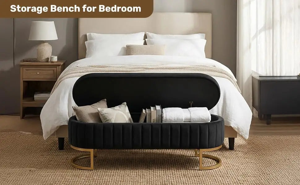 51in Velvet Tufted Storage Ottoman Bench with Flip-Top Lid and Gold Metal Legs