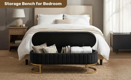 51in Velvet Tufted Storage Ottoman Bench with Flip-Top Lid and Gold Metal Legs