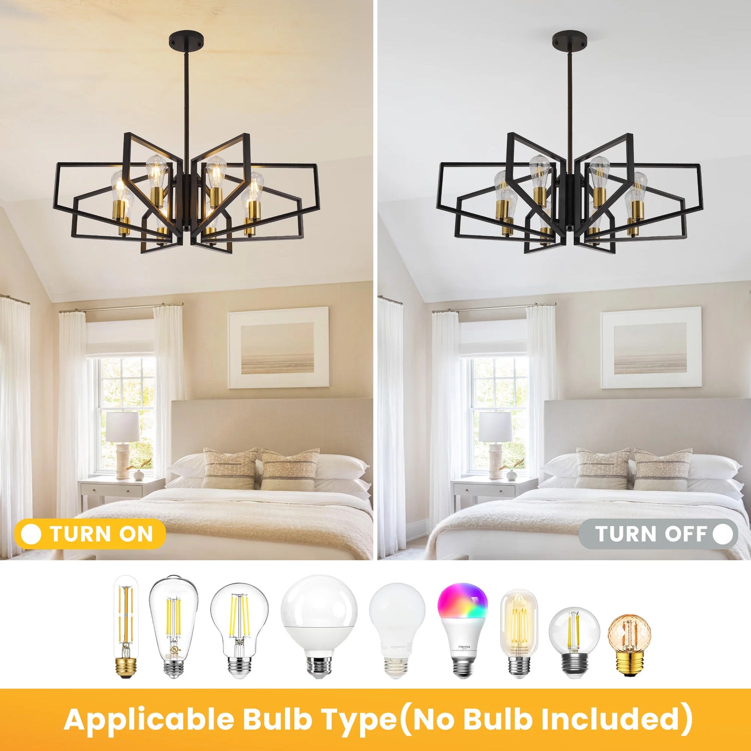 Modern 8-Light Geometric Chandelier Adjustable Height Metal Pendant Light with Black Frame &amp; Golden Accents Ceiling Light Decor
