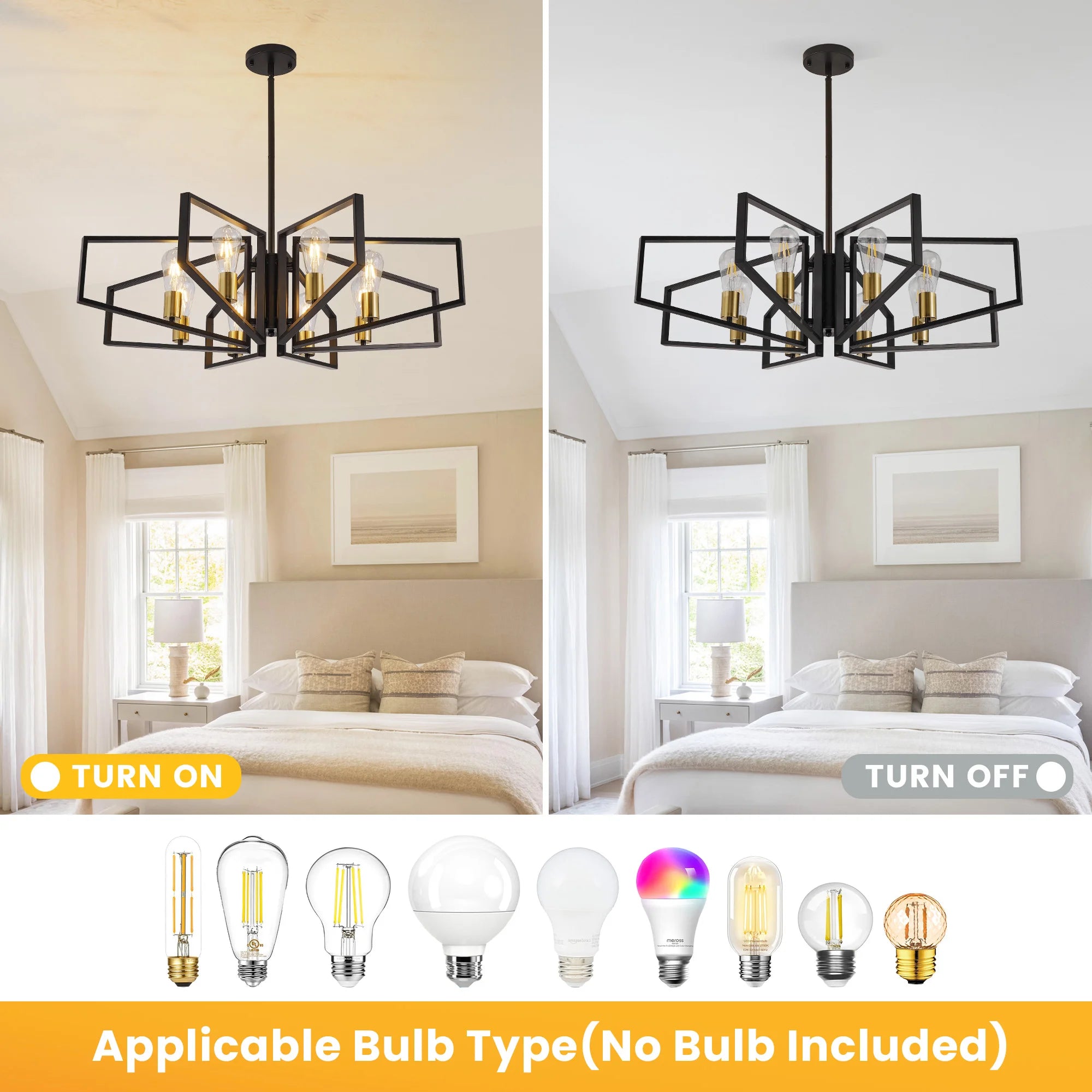 Modern 8-Light Geometric Chandelier Adjustable Height Metal Pendant Light with Black Frame &amp; Golden Accents Ceiling Light Decor