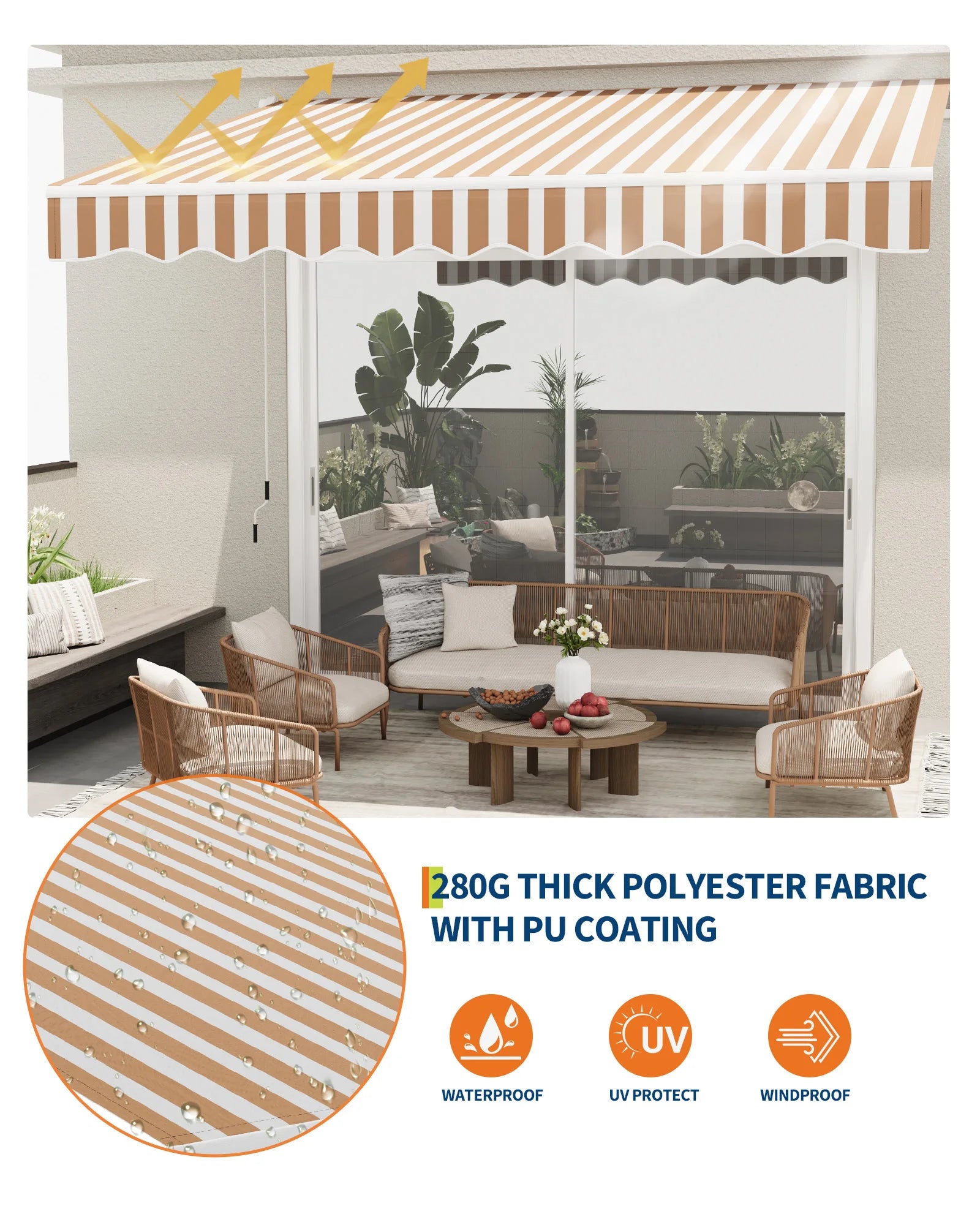 Retractable Waterproof Patio Dining Set Awning Manual Crank Heavy Duty Aluminum Frame Sun Shade for Deck Porch Balcony