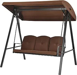 3-Seater Porch Swing, Outdoor Swing with Adjustable Tilt Canopy &amp; Removable Soft Cushions, Powder-Coated Steel Frame Patio Swin