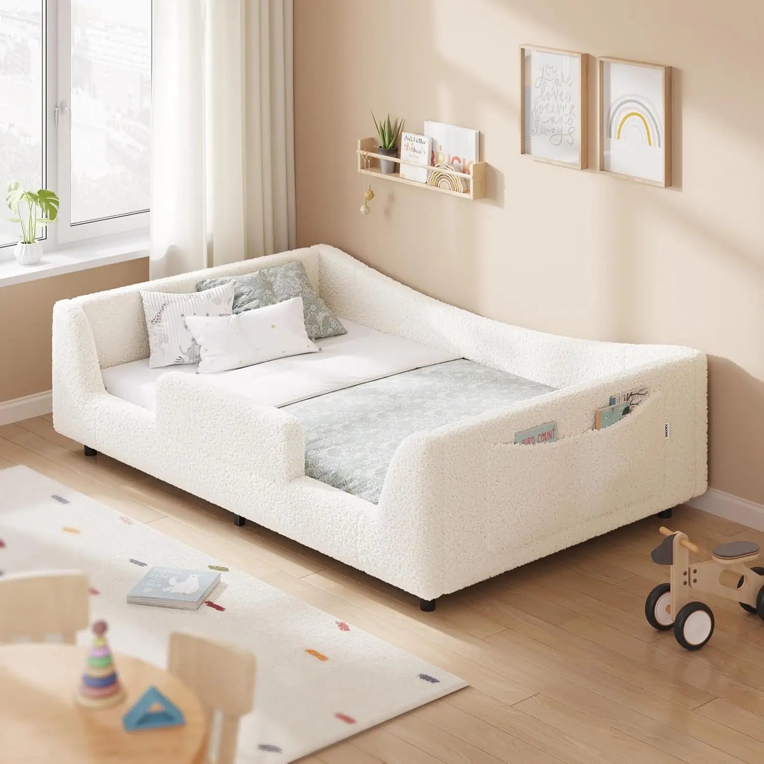 Twin Low Floor Bed Teddy Upholstered Curved Slats High Rails Kids No Box Spring Beige,Customized