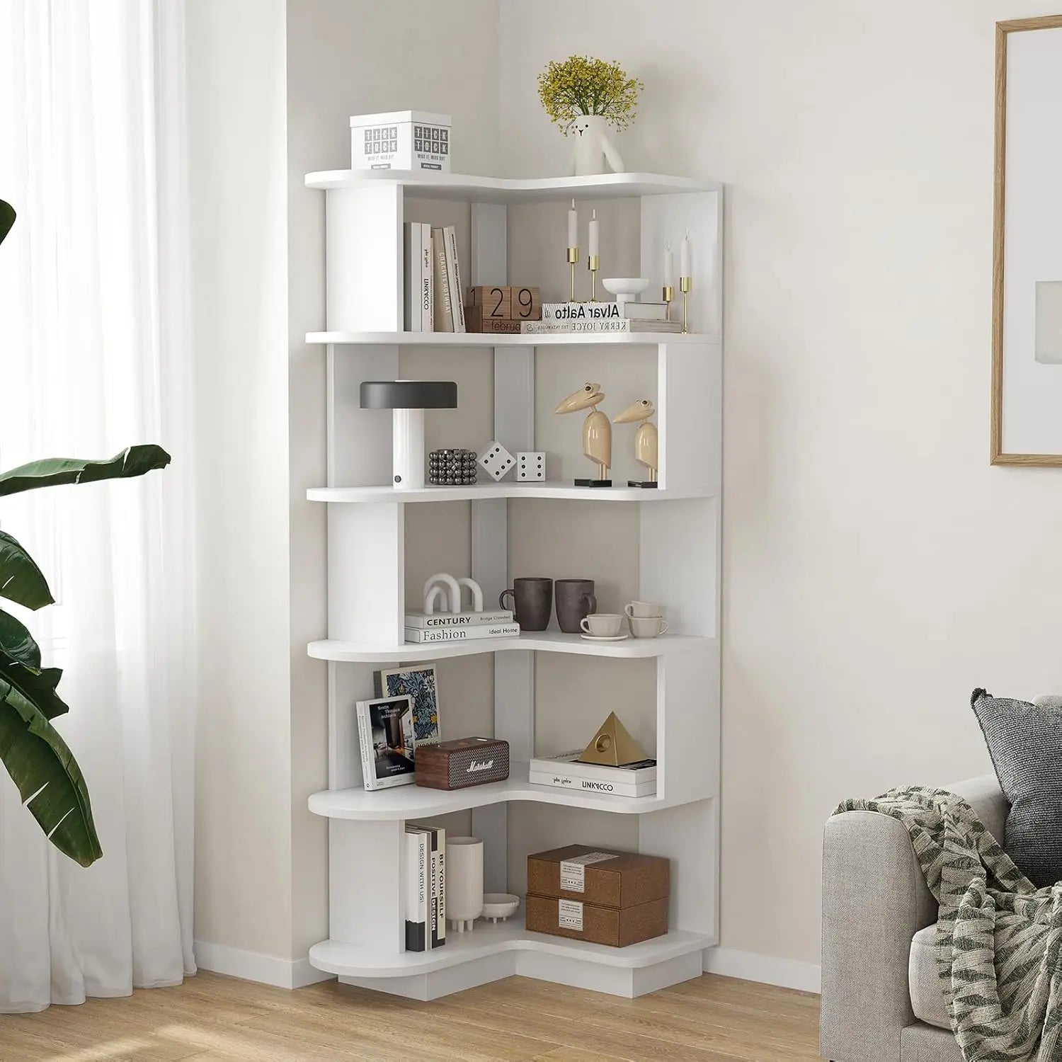 Farini 5-Tier Corner Bookshelf,L-Shaped Bookcase Freestanding Storage Shelf &amp; Display Stand for Living Room, Office, Bedroom