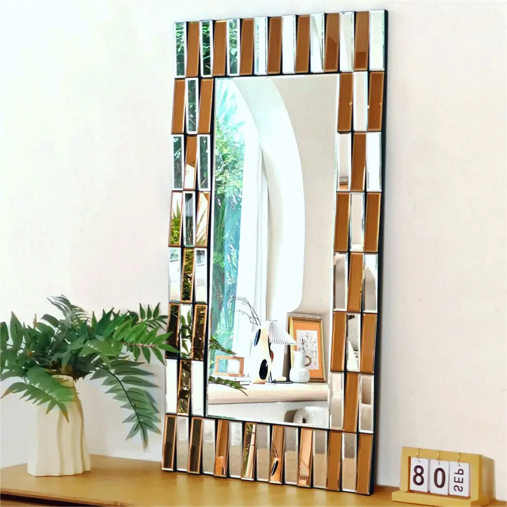 Stylish Wall Decor Mirror Rectangular Accent Mirror Horizontal/Vertical Hanging Sunburst Silver Tawny Beveled Glass for Home