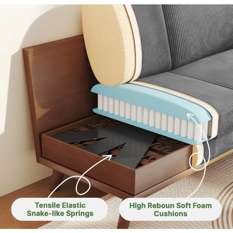 68" Loveseat Sofa with Movable Ottoman, Comfy Corduroy Couch with Spring Cushion, Sofa Couch with Solid Wood, Modern O