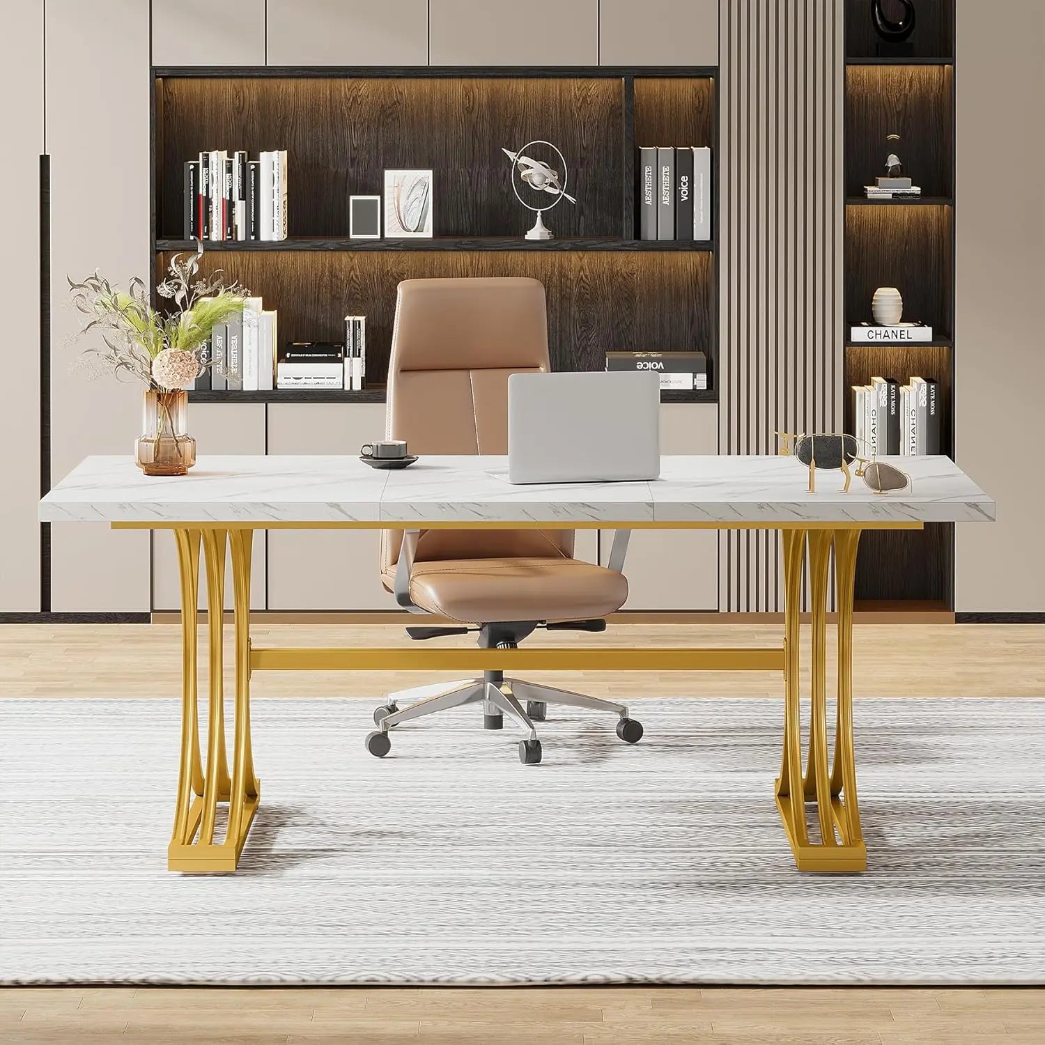 Office Desk, Modern Rectangular Executive Desk with Stylish Gold Legs,Faux Marble Table, Business Furniture for Home Office