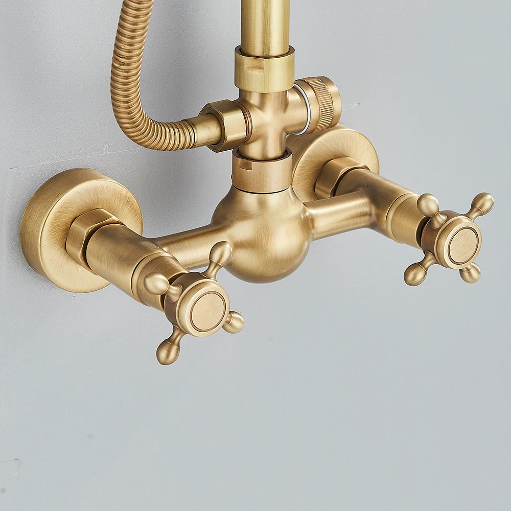 Antique Brass Shower Faucets Set Wall Mount Retro Shower Kit Dual Knobs Mixer Tap Handheld Spray Bathtub Kit