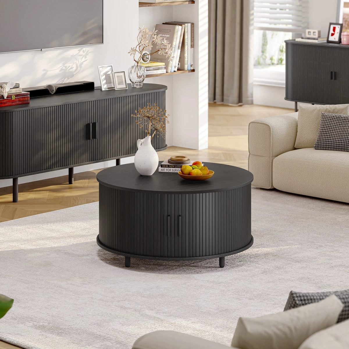 ONBRILL Modern Round Coffee Table With Storage And Sliding Door