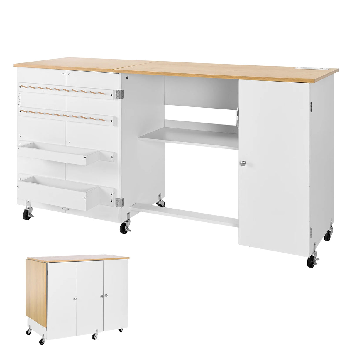 SucceBuy Folding Sewing Table With Cabinet And Charging Station For Home